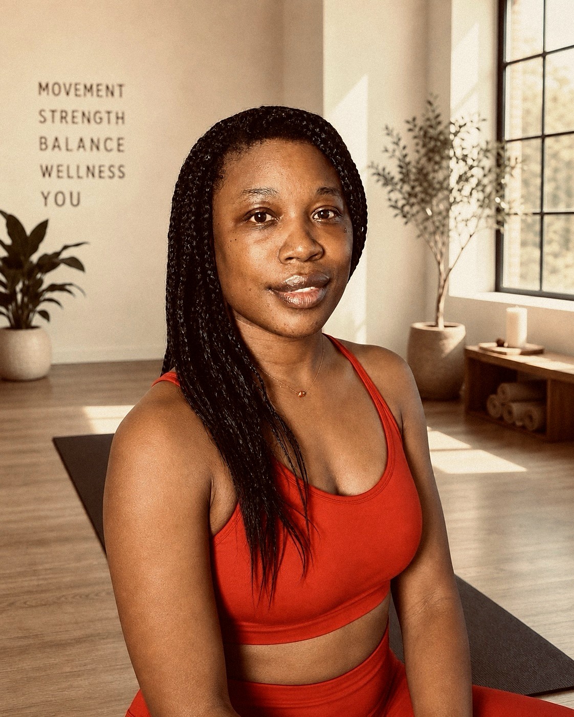 Ebony, yoga teacher and fitness instructor, seated in a warm home studio with the words Movement, Strength, Balance, Wellness, You on the wall behind her