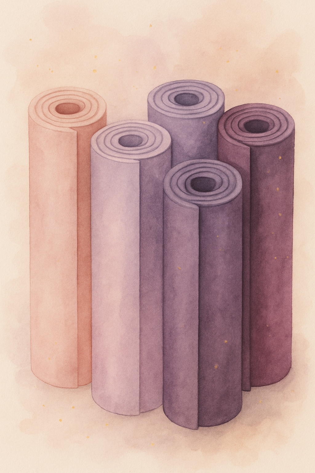 A watercolor illustration of five yoga mats standing side by side in soft dusty pink, mauve, and plum tones