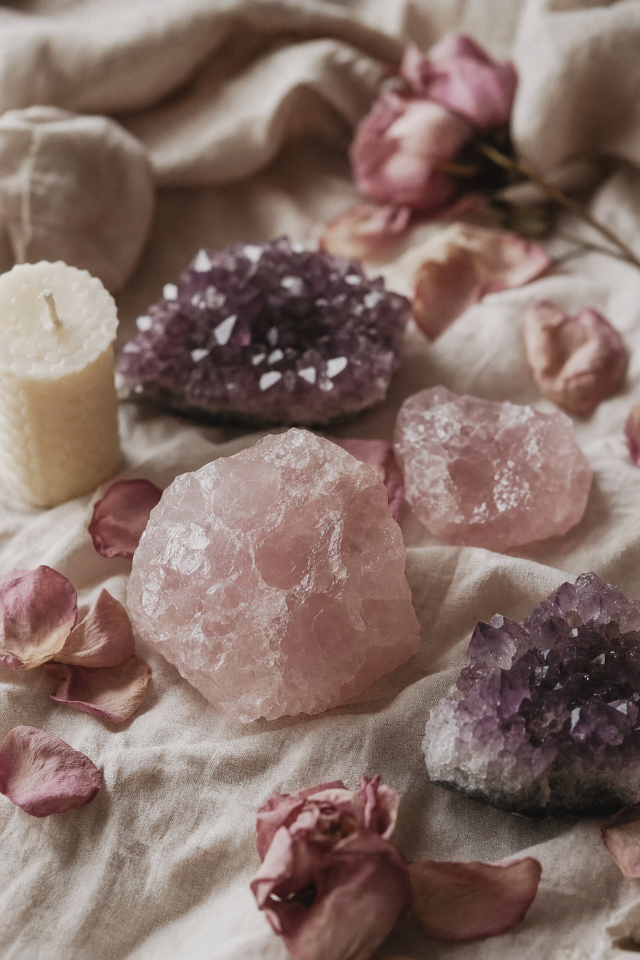 A hand resting on a bed of rose petals and crystals