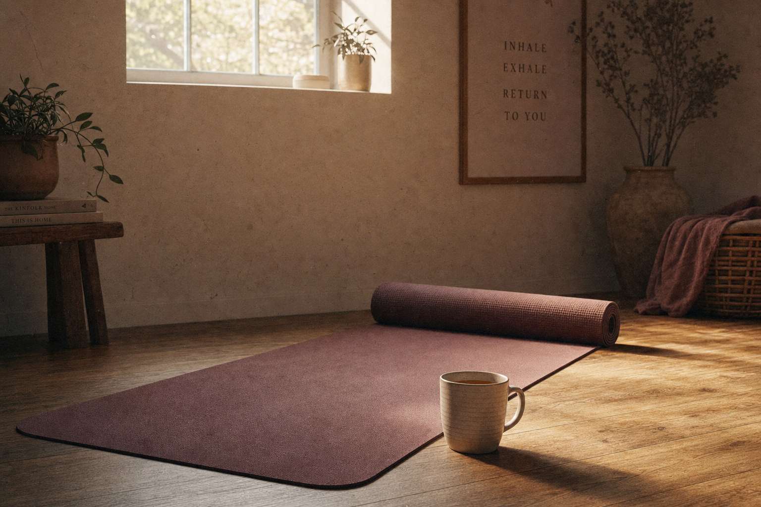 A rolled yoga mat on a warm wooden floor with morning light through a small window