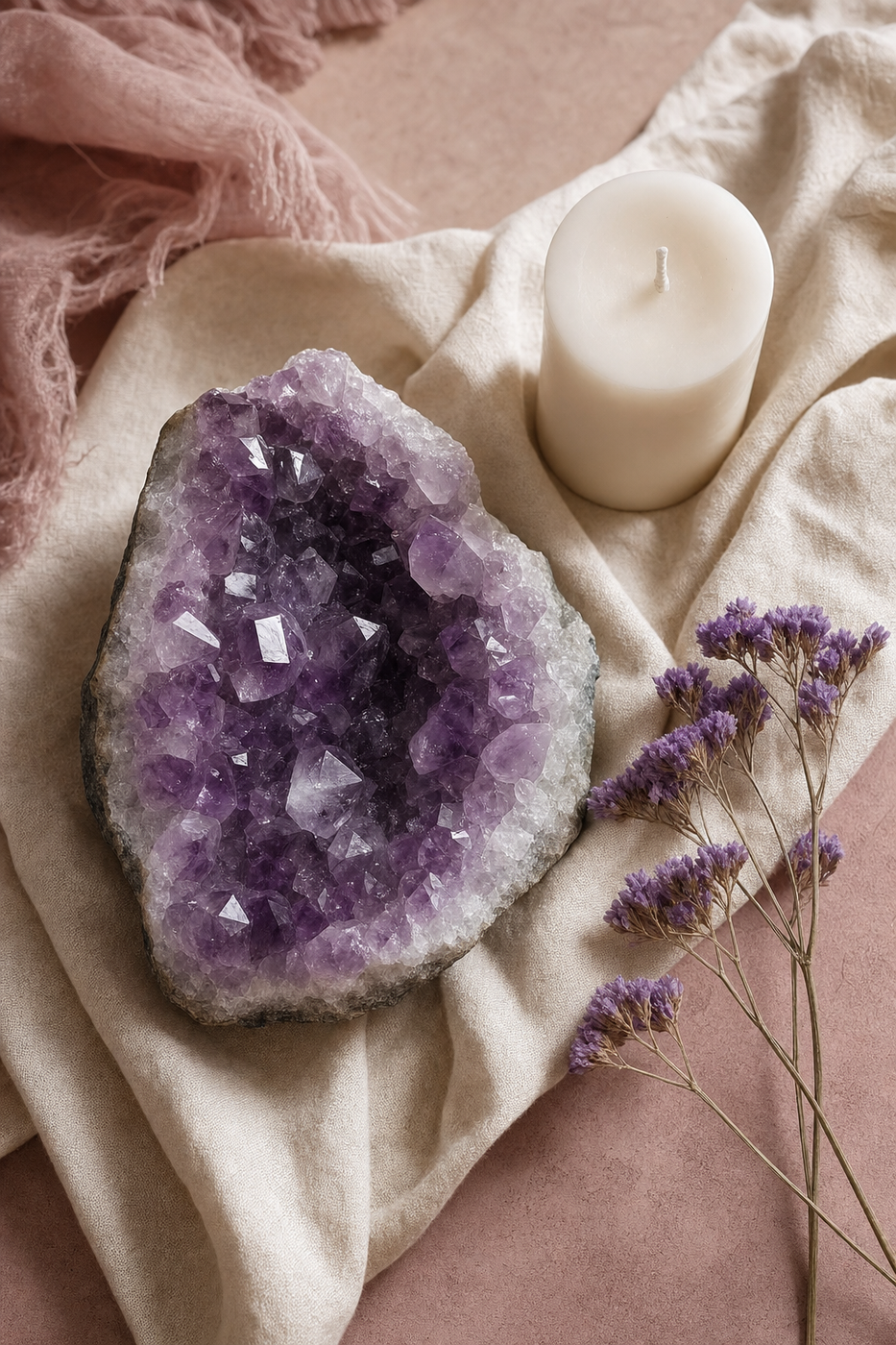 An amethyst crystal cluster resting on cream linen next to a white candle and dried purple flowers