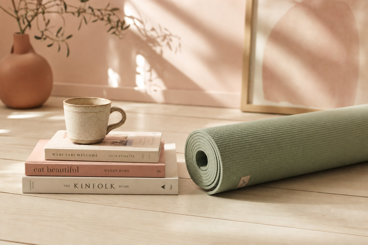 A rolled yoga mat, books, and a ceramic tea cup in soft morning light