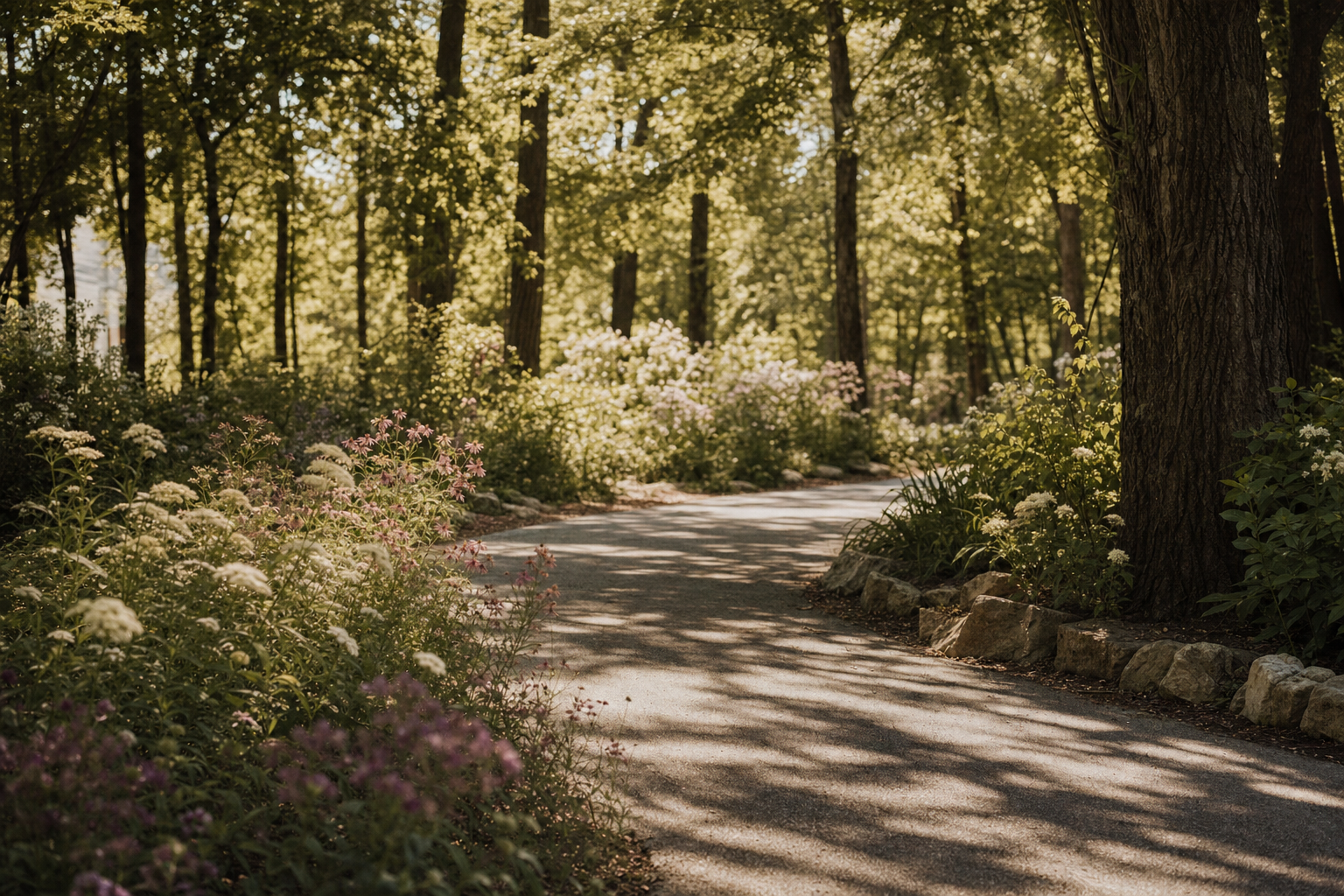 A wooded park trail in warm afternoon light, wildflowers along the path