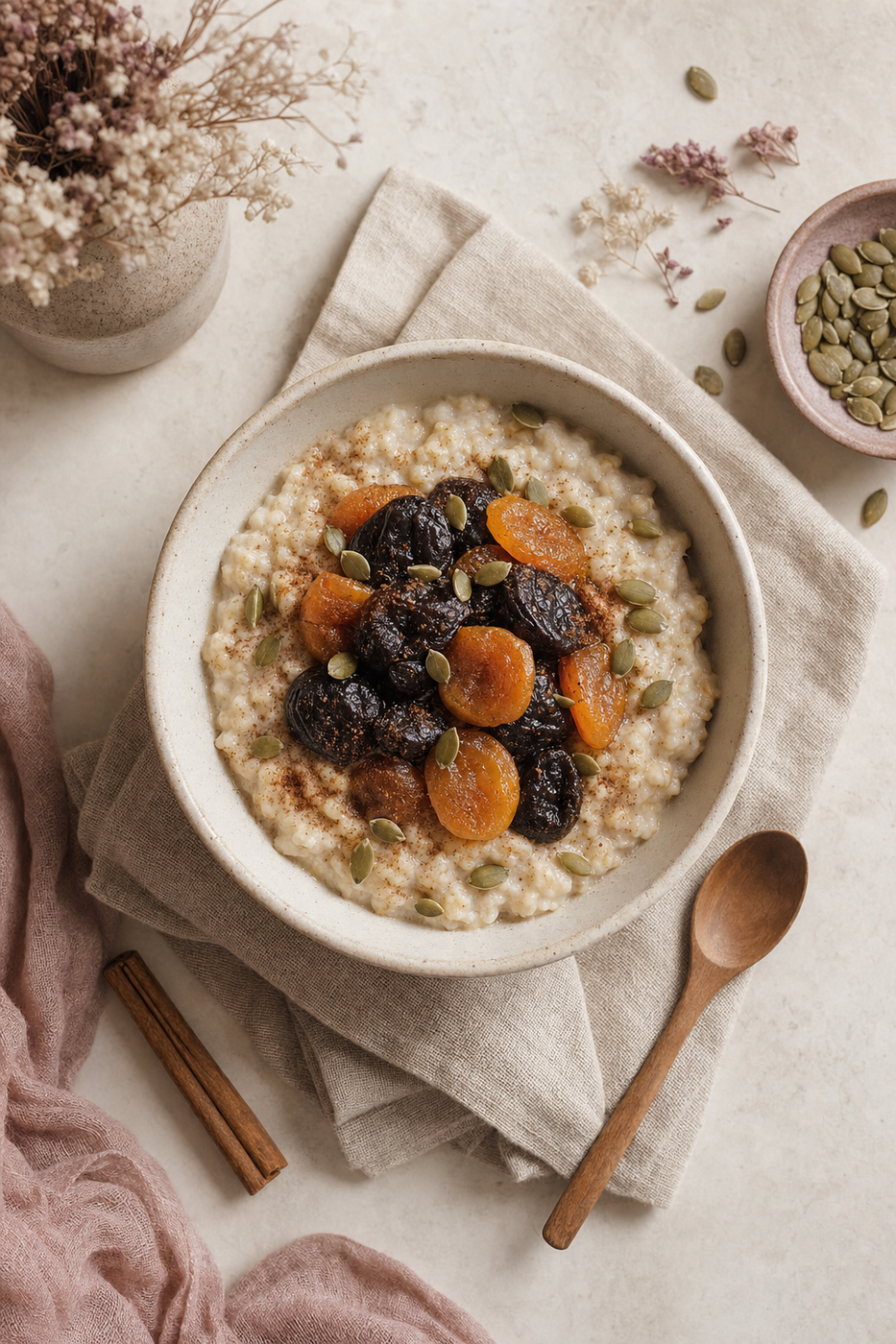 A cream ceramic bowl of oatmeal topped with stewed fruit, pumpkin seeds, and cinnamon