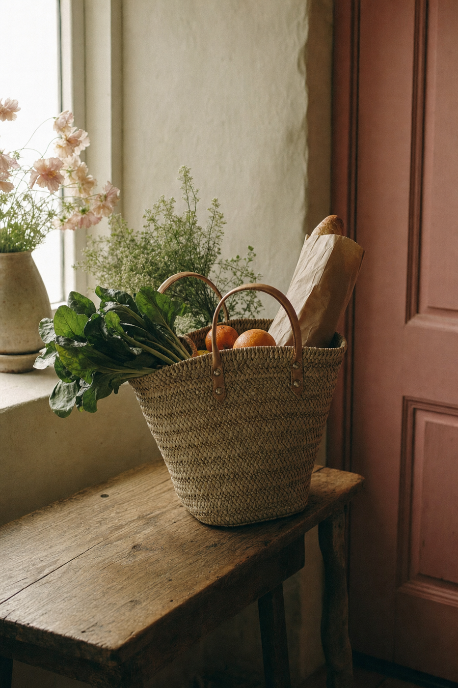 A woven market tote with leafy greens, oranges, and a paper-wrapped baguette resting on a wooden bench beside a windowsill